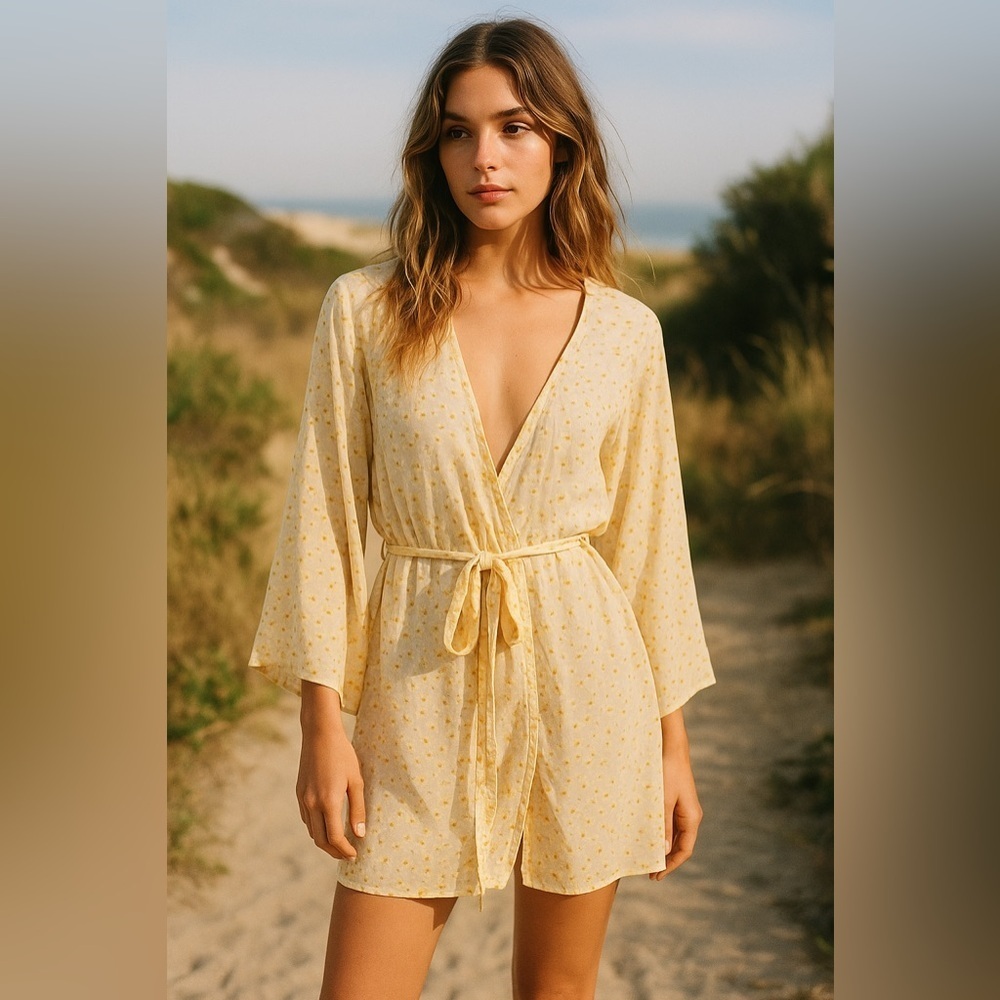 RESA Yellow Floral Textured Kimono Robe – Size M/L